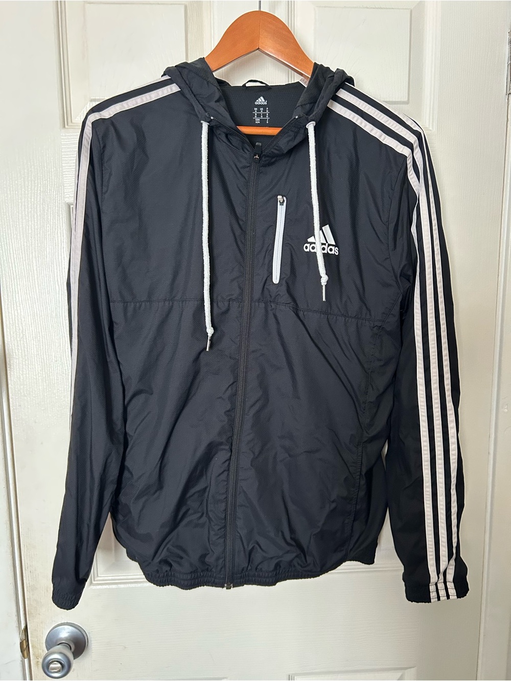 adidas Black Hooded Windbreaker Jacket with White Stripes Mens Sz Medium